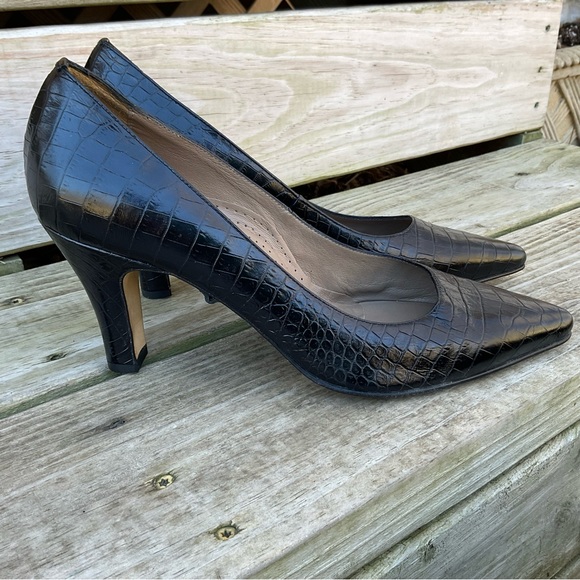 ANYI LU Black Pumps Heels Leather Croc Embossed Italian Handmade EU 41.5 US 11 - Picture 1 of 15